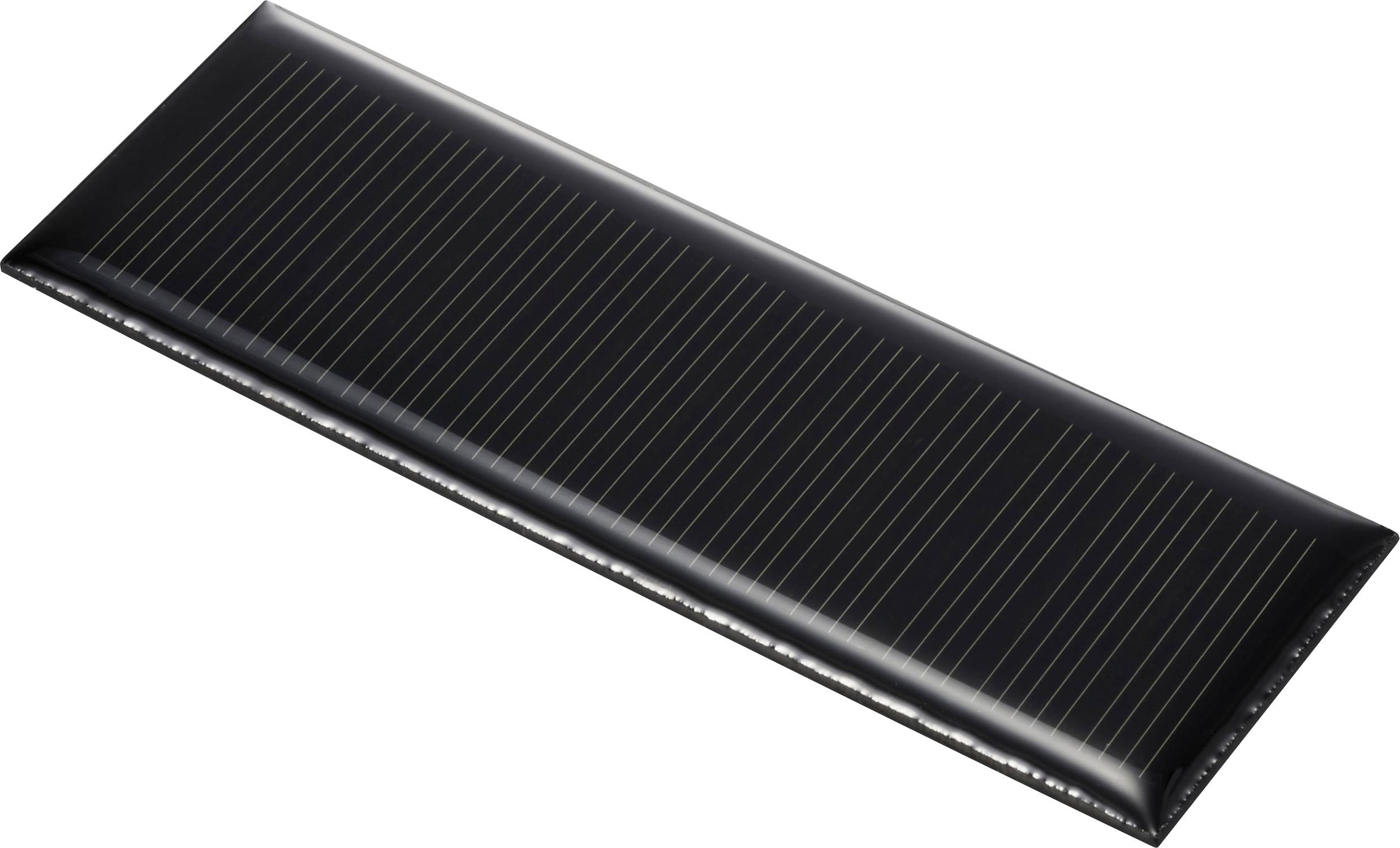 'Rechteckiges, schwarzes Solarmodul mit dünnen parallelen Linien.'