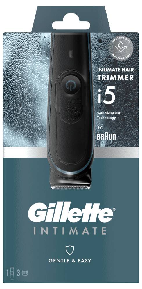 'Gillette Intimate i5' Haartrimmer-Verpackung, zeigt das Produkt und betont 'Gentle & Easy' mit SkinFirst-Technologie von Braun.