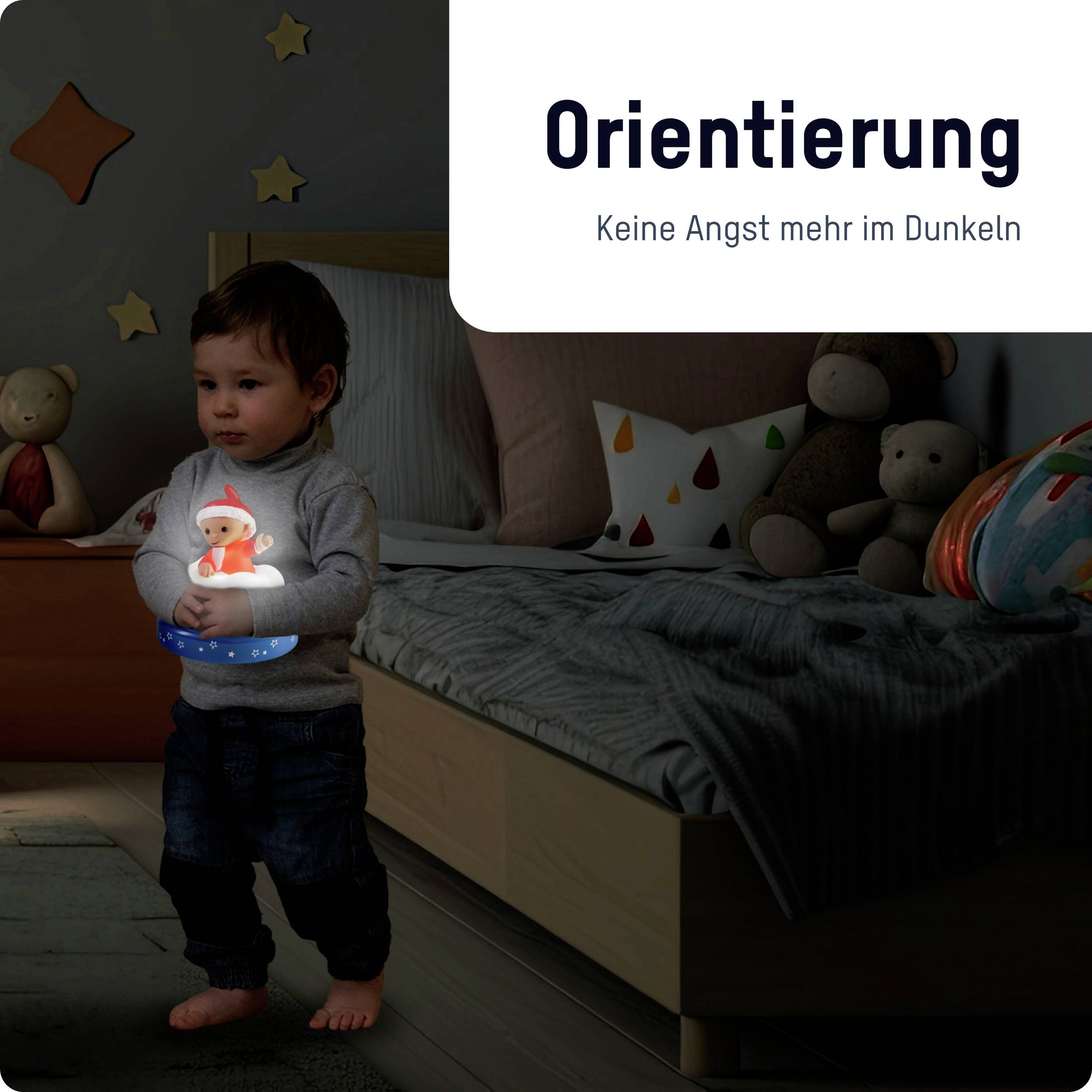 Ein Kind steht im dunklen Raum mit einem Nachtlicht in der Hand. Der Text 'Orientierung - Keine Angst mehr im Dunkeln' steht oben rechts.
