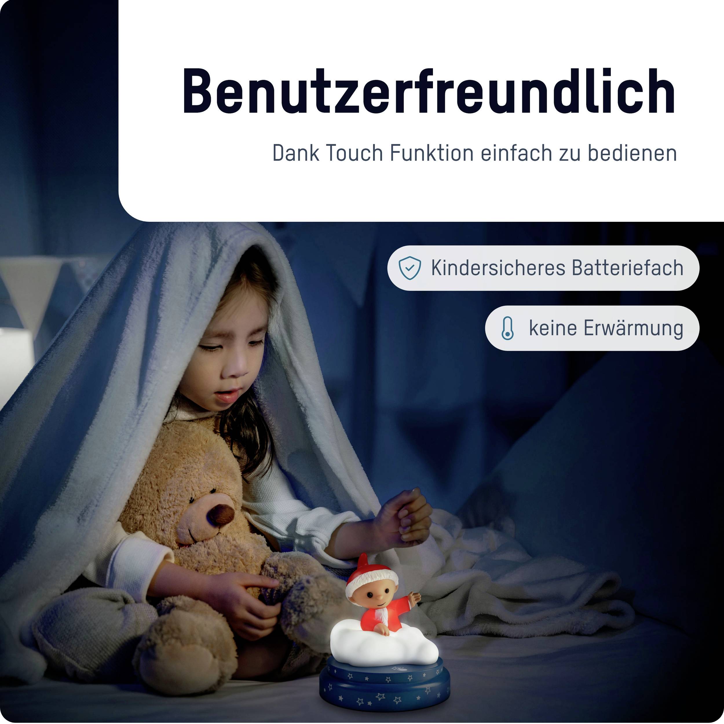 Ein Kind sitzt unter einer Decke und hält ein Nachtlicht in Schneemannform. Text: 'Benutzerfreundlich - Dank Touch Funktion einfach zu bedienen.'