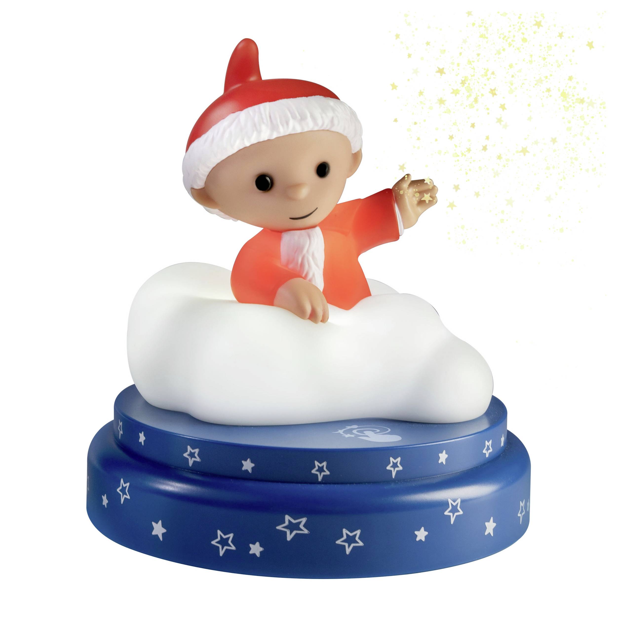 Ein kleine Figur mit rotem Hut sitzt auf einer weißen Wolke auf einem blauen Sockel mit Sternen, umgeben von gelbem Glitzer.