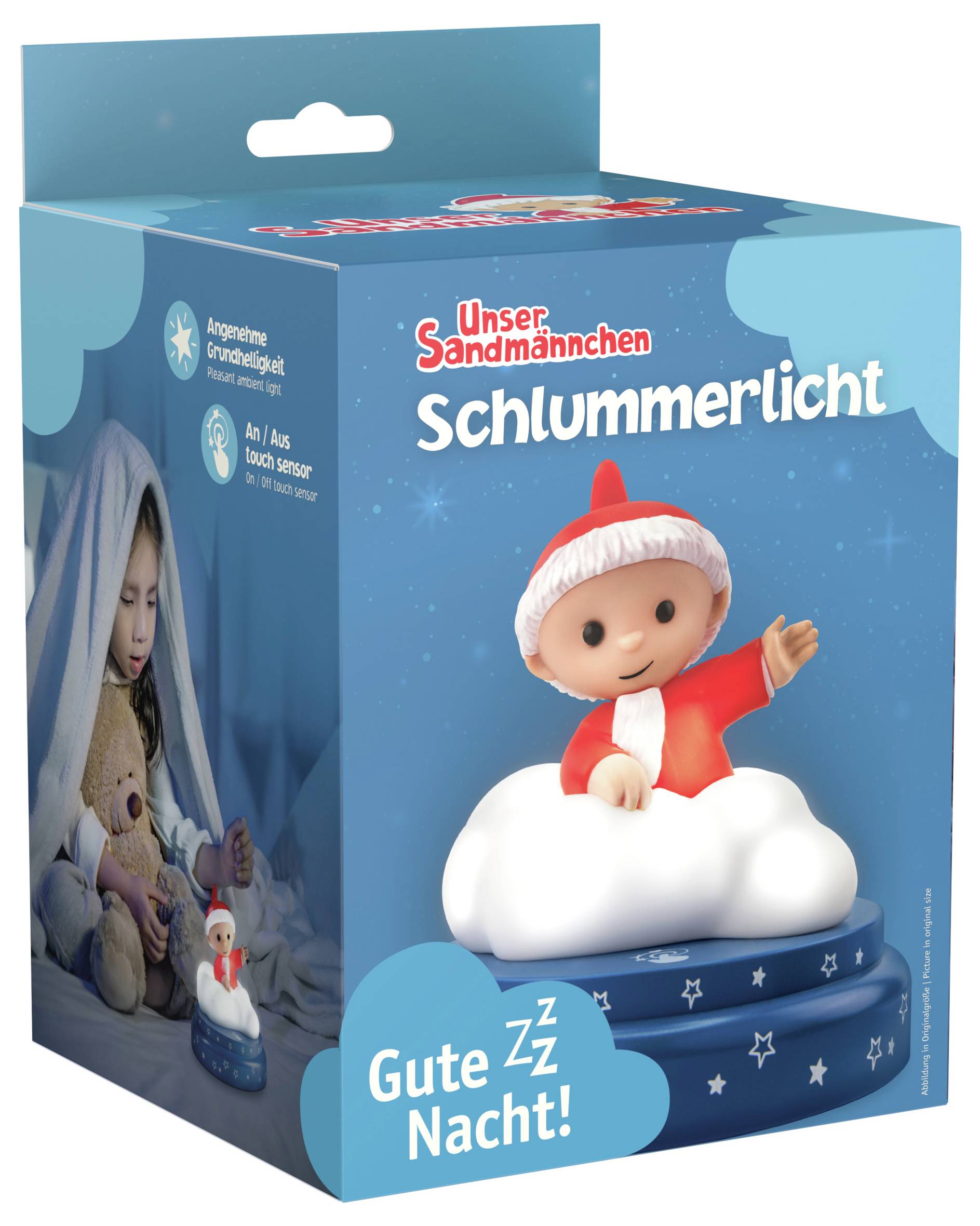 'Unser Sandmännchen' Schlummerlicht-Verpackung mit kleinem Sandmännchen-Figur auf Wolke, Text 'Gute Nacht!' steht unten.