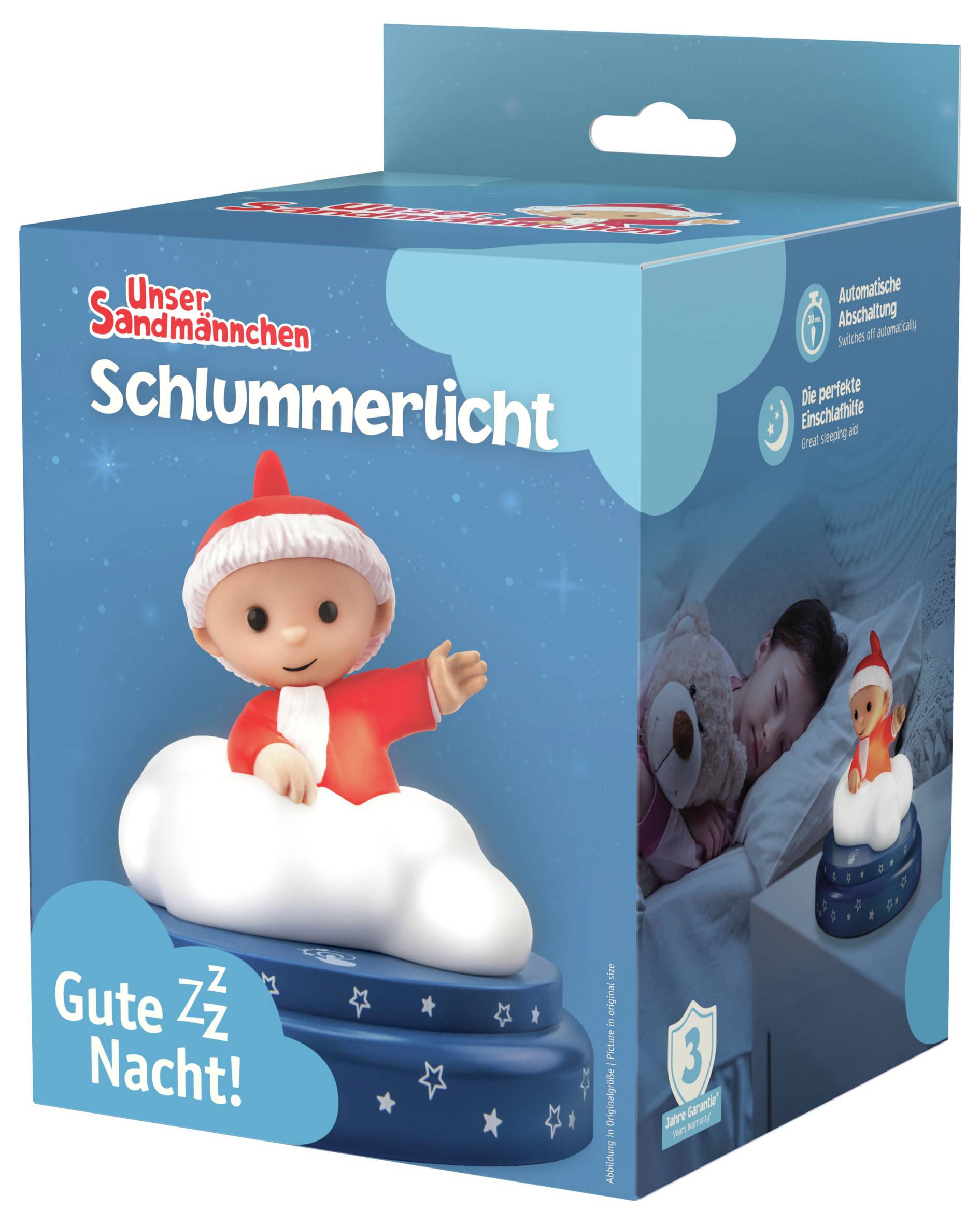 Verpackung eines Nachtlichts 'Unser Sandmännchen'. Zeigt eine Figur auf einer Wolke. Rechts ein Kind, das im Bett schläft.