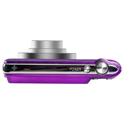 Silberne und lila Digitalkamera seitlich mit hervorgehobener Linse und deutlichem Ein-/Ausschaltknopf.