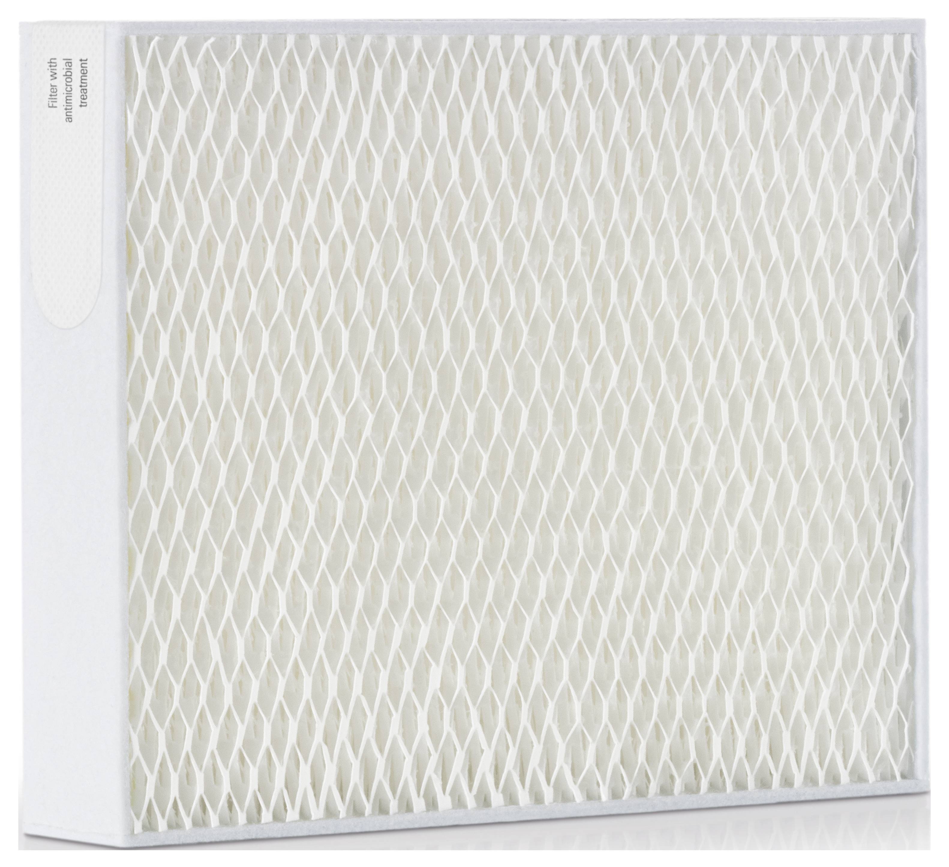 Luftfilter mit einem weißen wabenförmigen Muster, seitlich betrachtet, vor einem hellen Hintergrund.