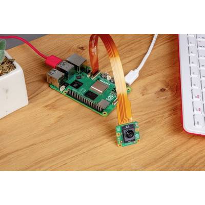 Eine Raspberry Pi Platine mit angeschlossenem Kamera-Modul auf einem Holztisch zeigt eine kompakte Computereinrichtung.