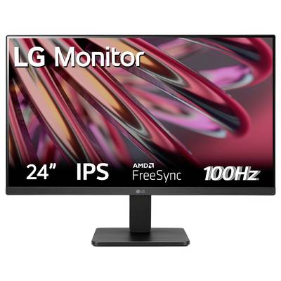 LG-Monitor aufgestellt, zeigt einen IPS-Bildschirm mit AMD FreeSync und 100 Hz; Bildschirmdiagonale 24 Zoll.