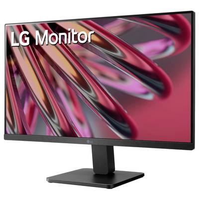 Ein LG Monitor mit einem modernen, schwarzen Design. Auf dem Bildschirm sind bunte, abstrakte Formen zu sehen.