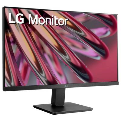 Ein LG-Monitor zeigt ein modernes, abstraktes Rot- und Pinkdesign mit ineinander verschlungenen, reflektierenden Formen.