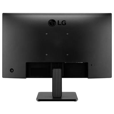 Ein schwarzer Computermonitor von LG, Rückansicht, auf einem rechteckigen Ständer stehend.