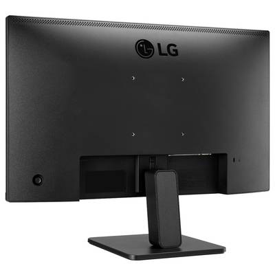 Hinteransicht eines schwarzen LG-Monitors mit rechteckigem Standfuß, sichtbar sind das LG-Logo und mehrere Anschlüsse.