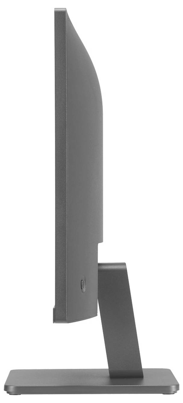 Seitenansicht eines schlanken Computerbildschirms mit einem gebogenen Ständer, der auf einem rechteckigen Sockel steht.