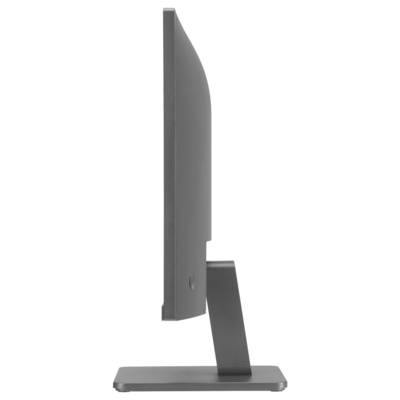 Seitenansicht eines schlanken Computerbildschirms mit einem gebogenen Ständer, der auf einem rechteckigen Sockel steht.