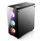 Ein schwarzes Computergehäuse mit drei leuchtenden RGB-Lüftern auf der Vorderseite und einer durchsichtigen Seitenscheibe.