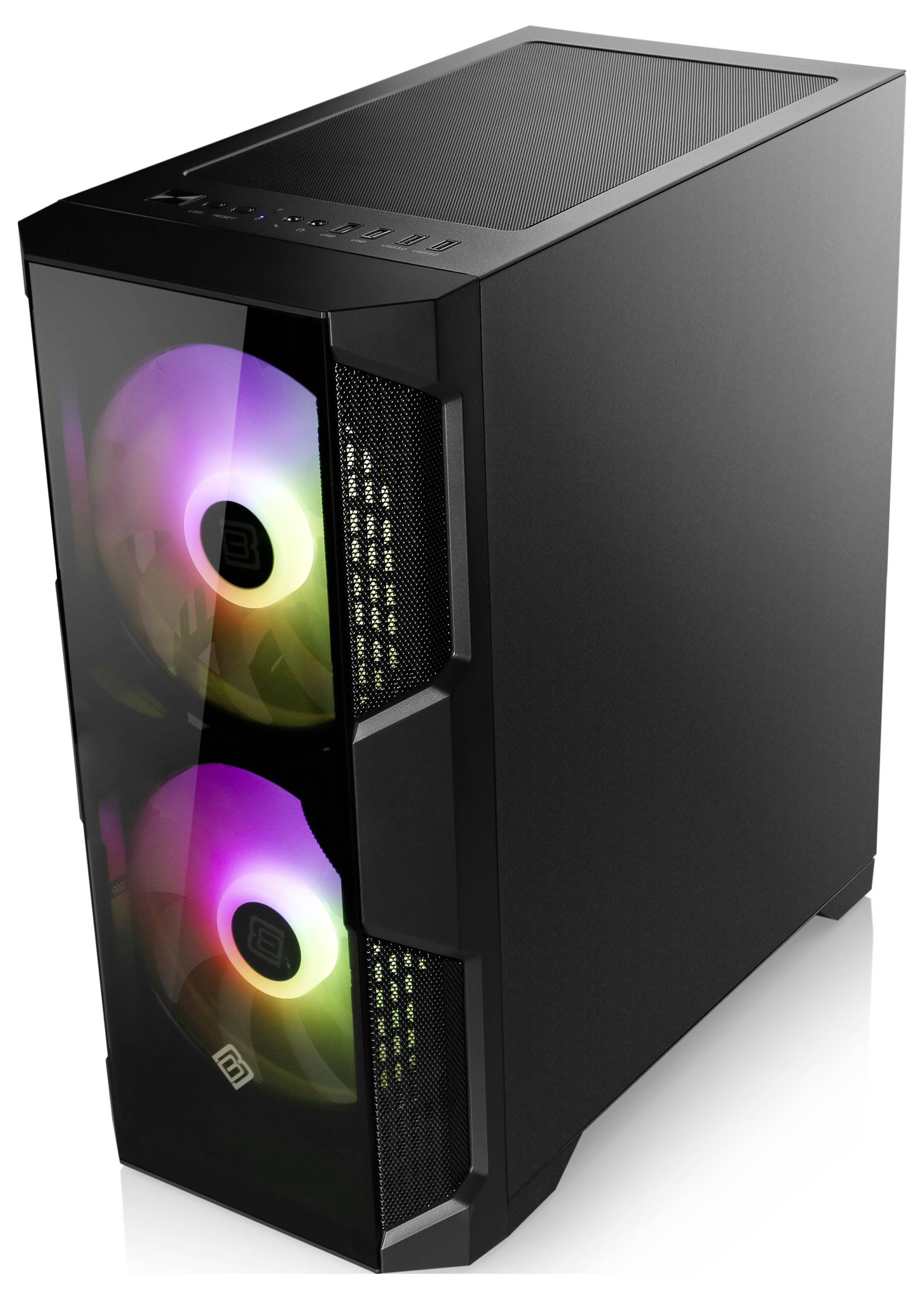 Schwarzes Computergehäuse mit zwei sichtbaren leuchtenden RGB-Lüftern vorne.