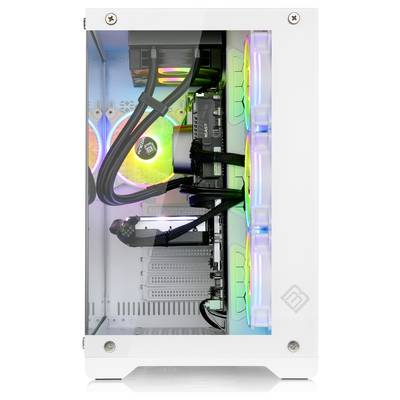 Ein weißer Desktop-Computer mit transparentem Gehäuse, zeigt bunte RGB-Lichter und interne Komponenten wie Lüfter und Grafikkarte.