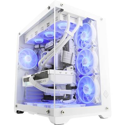 Ein weißer Gaming-PC mit durchsichtigen Seiten zeigt mehrere blau beleuchtete Lüfter und eine Grafikkarte der GeForce RTX Serie.