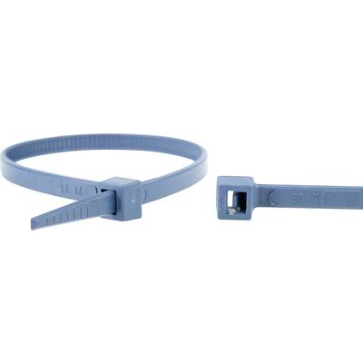 Blauer Kabelbinder mit gezahnter Innenseite und Verschlussmechanismus, der zum Bündeln oder Fixieren von Gegenständen verwendet wird.