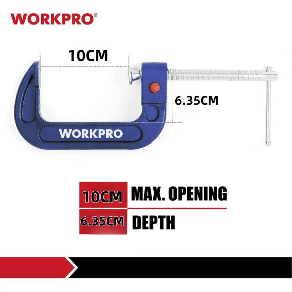 'WORKPRO' G-Klemme: Maximalöffnung 10 cm, Tiefenmaß 6,35 cm. Blaue Klemme mit silbernem Gewindestift, rote Details, Markenname aufgedruckt.