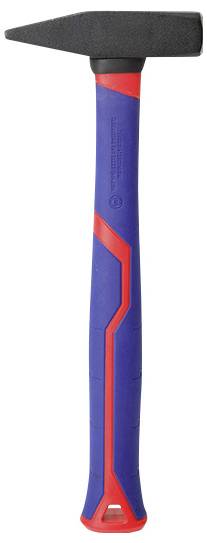 Ein Hammer mit blauem und rotem Griff und schwarzem Kopf.