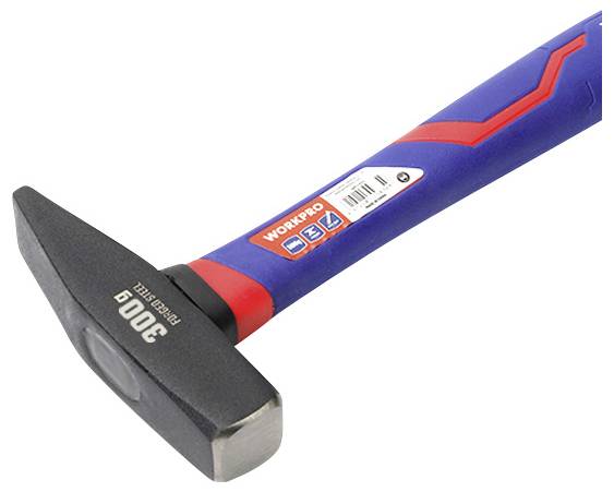 Ein blauer und roter Hammer mit der Aufschrift 'WORKPRO 300g'. Eignet sich zum Hämmern und ist ergonomisch geformt für bequemen Halt.