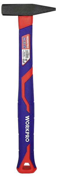 Ein Hammer mit blauem und rotem Griff, Marke 'Workpro', ist abgebildet.