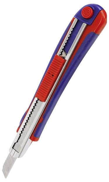 Ein ausfahrbares Universalmesser mit blau-rotem Griff, geeignet für präzises Schneiden.