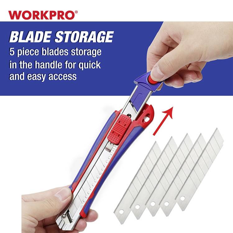 Eine Hand hält ein Cuttermesser; ein Pfeil zeigt die Öffnung für die Klingenaufbewahrung. Text: 'Blade Storage: 5 piece blades storage in the handle for quick and easy access'.