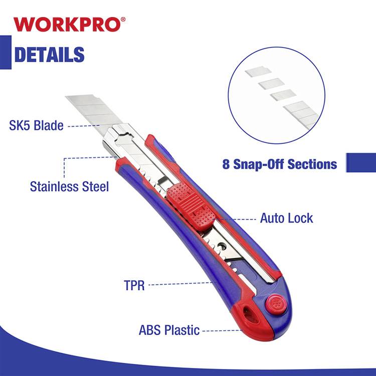 Abbildung eines Cuttermessers mit SK5-Klinge, automatischer Verriegelung und 8 Abbrechsegmenten. Materialien: Edelstahl, TPR, ABS-Kunststoff.