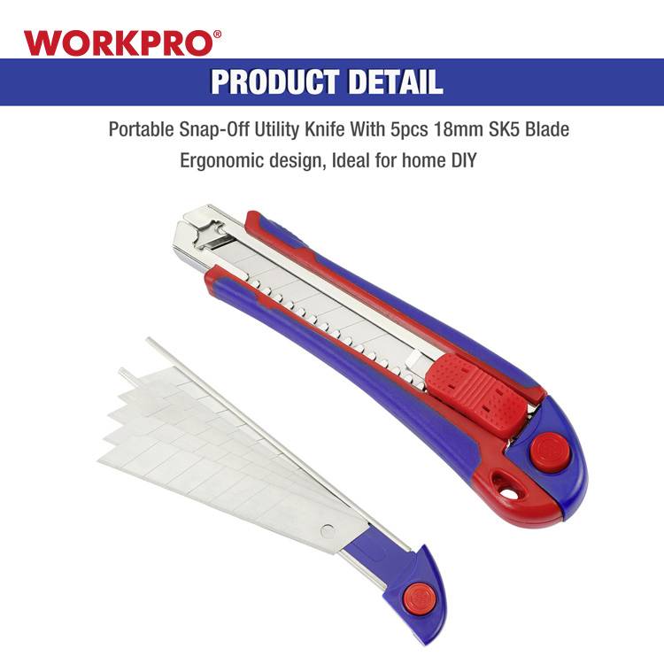 Werkzeugbeschreibung: Tragbares Abbrechklingenmesser mit 5 Stück 18mm SK5 Klingen, ergonomisches Design, ideal für Heimwerker.
