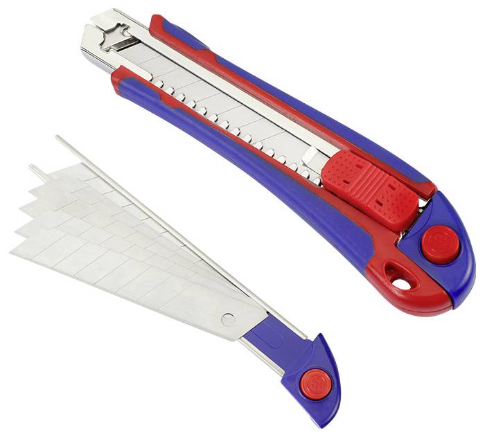 Ein blau-rotes Cuttermesser mit einfahrbarer Klinge und Ersatzklingen. Geeignet für präzises Schneiden von Papier oder Karton.