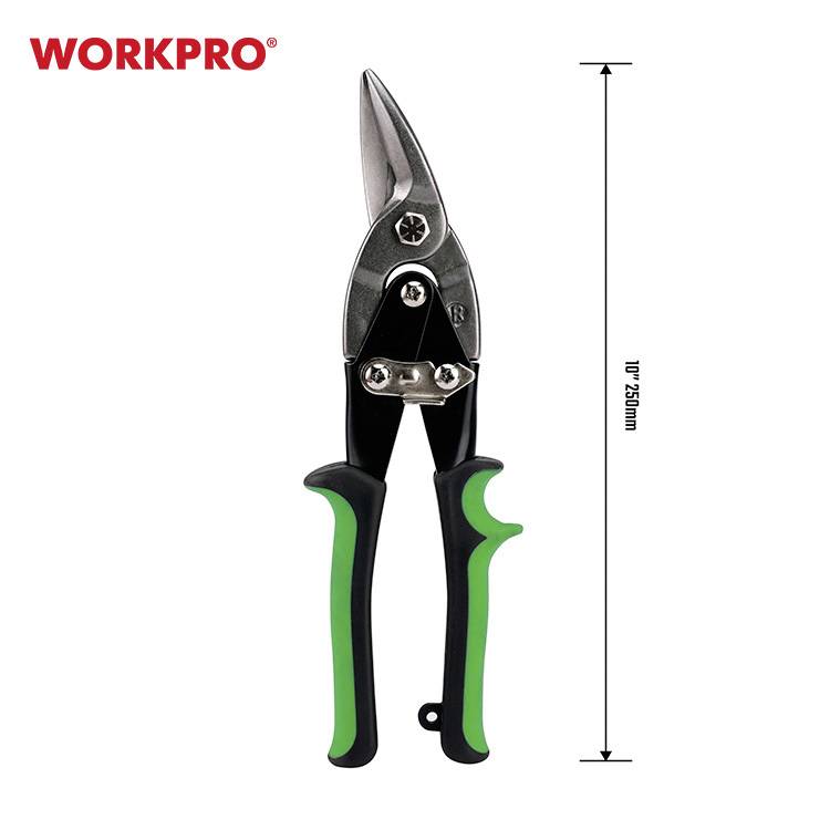 Eine grüne und schwarze Blechschere von WORKPRO, 25 cm lang, mit robusten Griffen und scharfen Klingen, geeignet für präzise Schnitte.