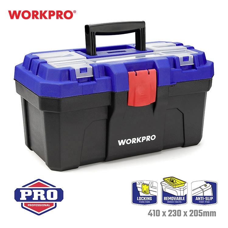 'WORKPRO' Werkzeugkiste aus robustem Kunststoff, mit blauem und schwarzem Design. Enthält ein herausnehmbares Tablett und ein Schloss. Maße: 410 x 230 x 205 mm.