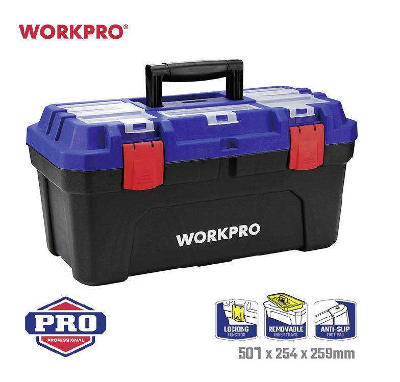 Werkzeugkasten 'WORKPRO' mit blauem Deckel, schwarzem Boden und rotem Verschluss, integrierter Griff, Maße: 501 x 254 x 259 mm.