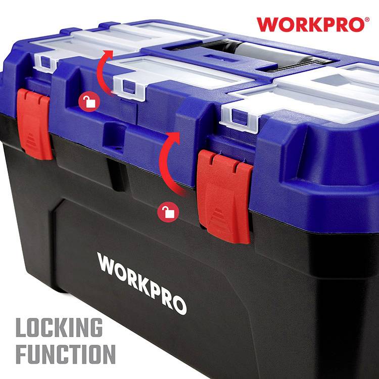 Werkzeugkiste mit roten Clips und Scharnieren, Markenzeichen 'WORKPRO'. Hauptfunktion: Verschlusssystem.