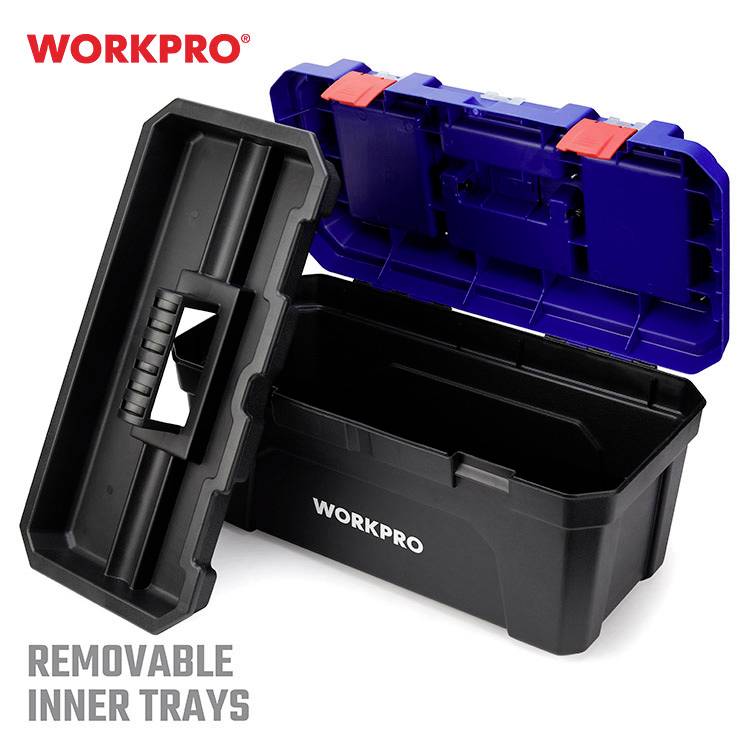 Schwarze Werkzeugkiste von WORKPRO geöffnet, mit blauer Innenseite und roten Verschlüssen. Text: 'Removable inner trays'.
