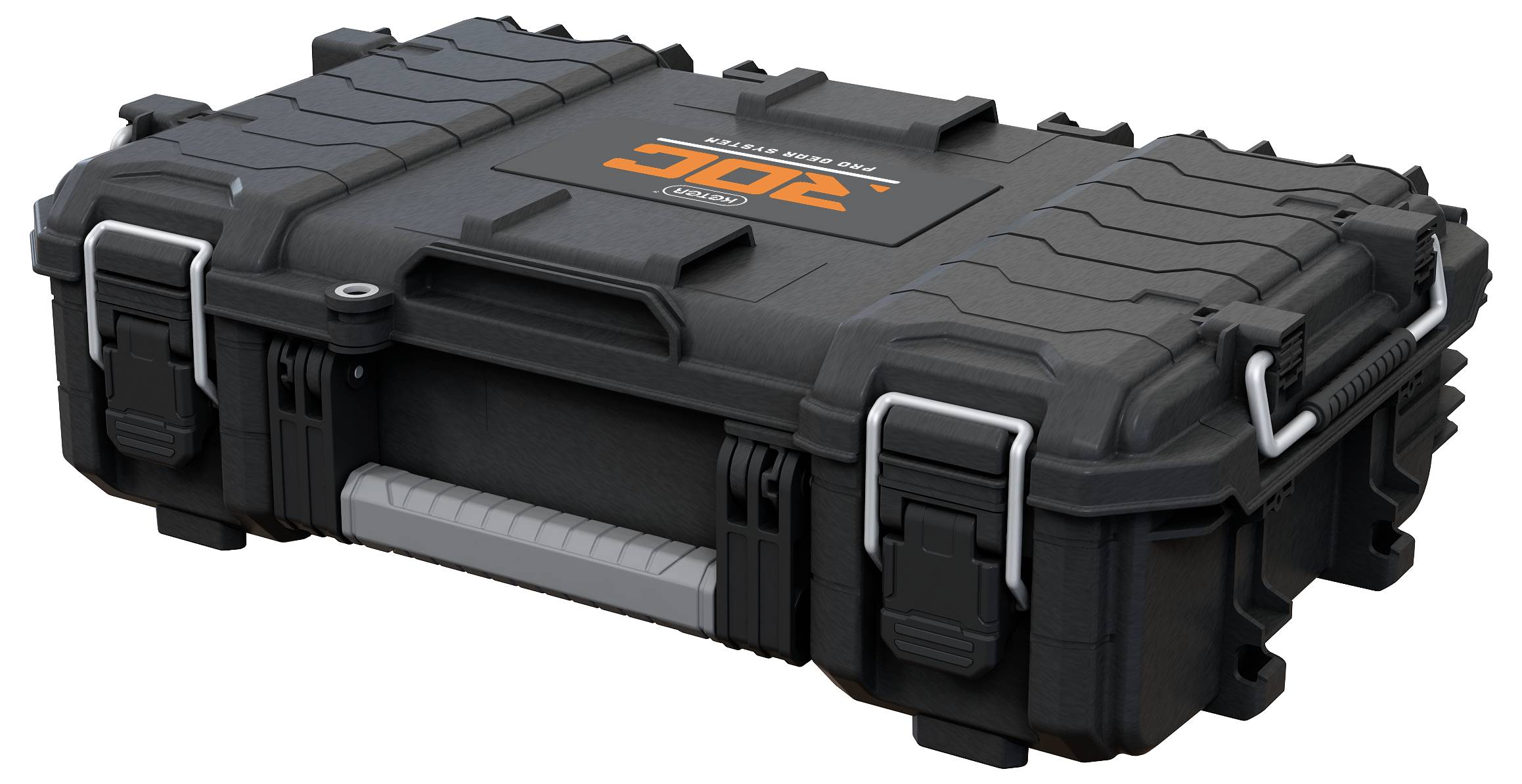 Schwarzer, robuster Transportkoffer mit Metallverschlüssen und Aufschrift '20C'. Ideal zum sicheren Verstauen empfindlicher Ausrüstung.