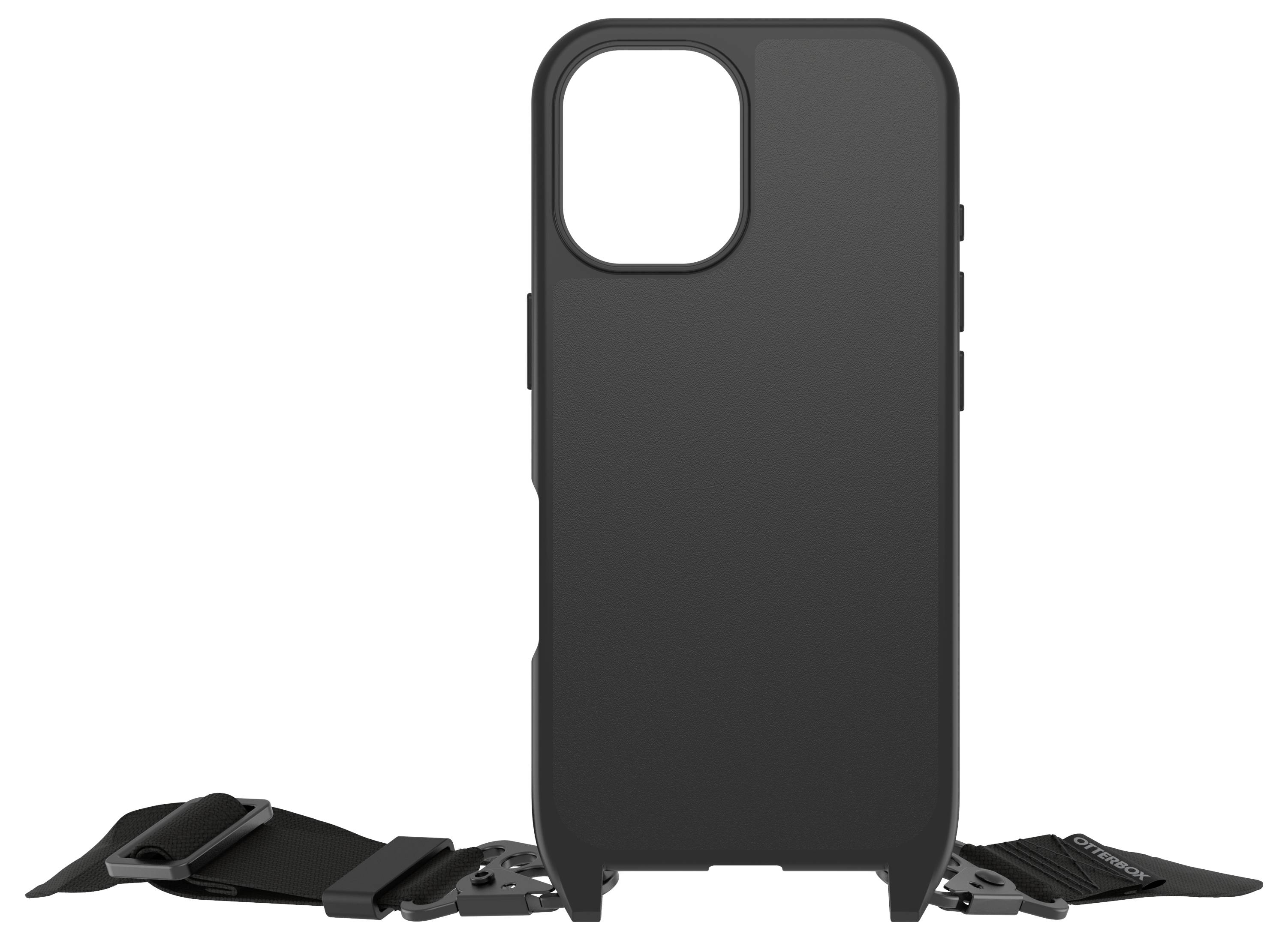 Schwarze Handyhülle aus robustem Material. Umlaufend sind schwarze Gurte und Schnallen sichtbar, die auf Funktionalität hinweisen.