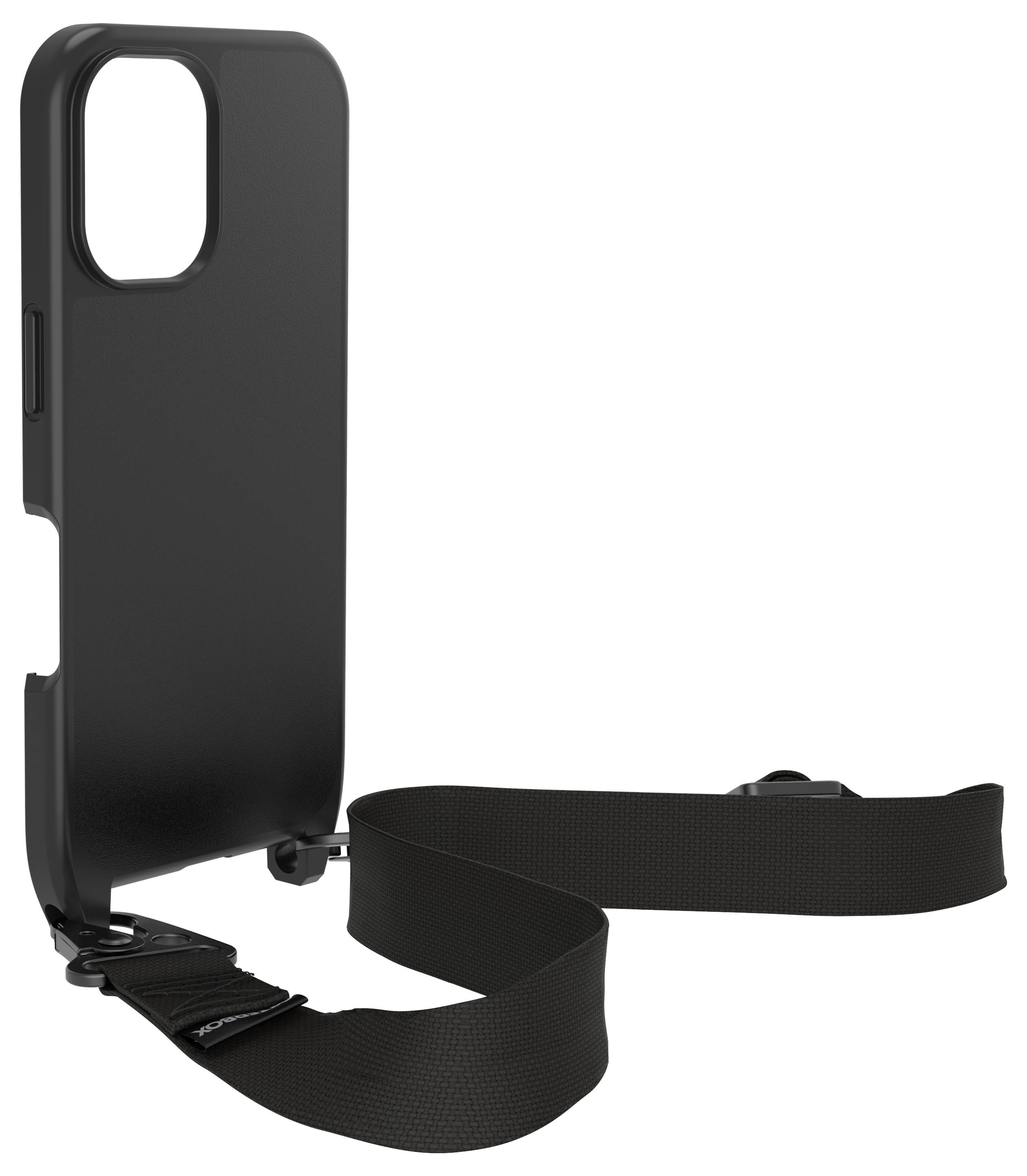 Eine schwarze Handyhülle mit einer abnehmbaren Schlaufe, die das Tragen erleichtert. Ideal für sicheren Halt unterwegs.