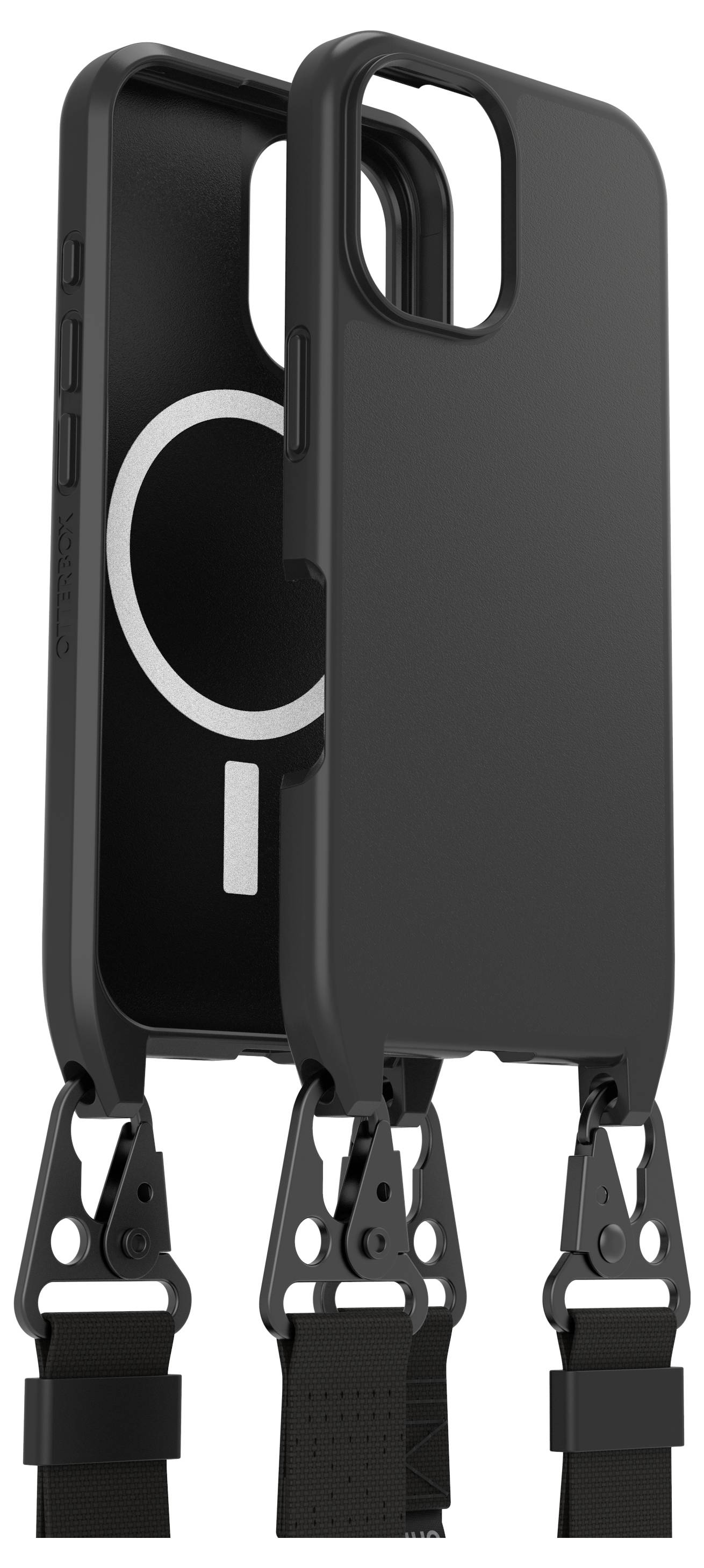 Schwarze Handyschutzhülle mit Kameraloch und drei Clips an der Unterseite. Hülle bietet MagSafe-Funktionalität.