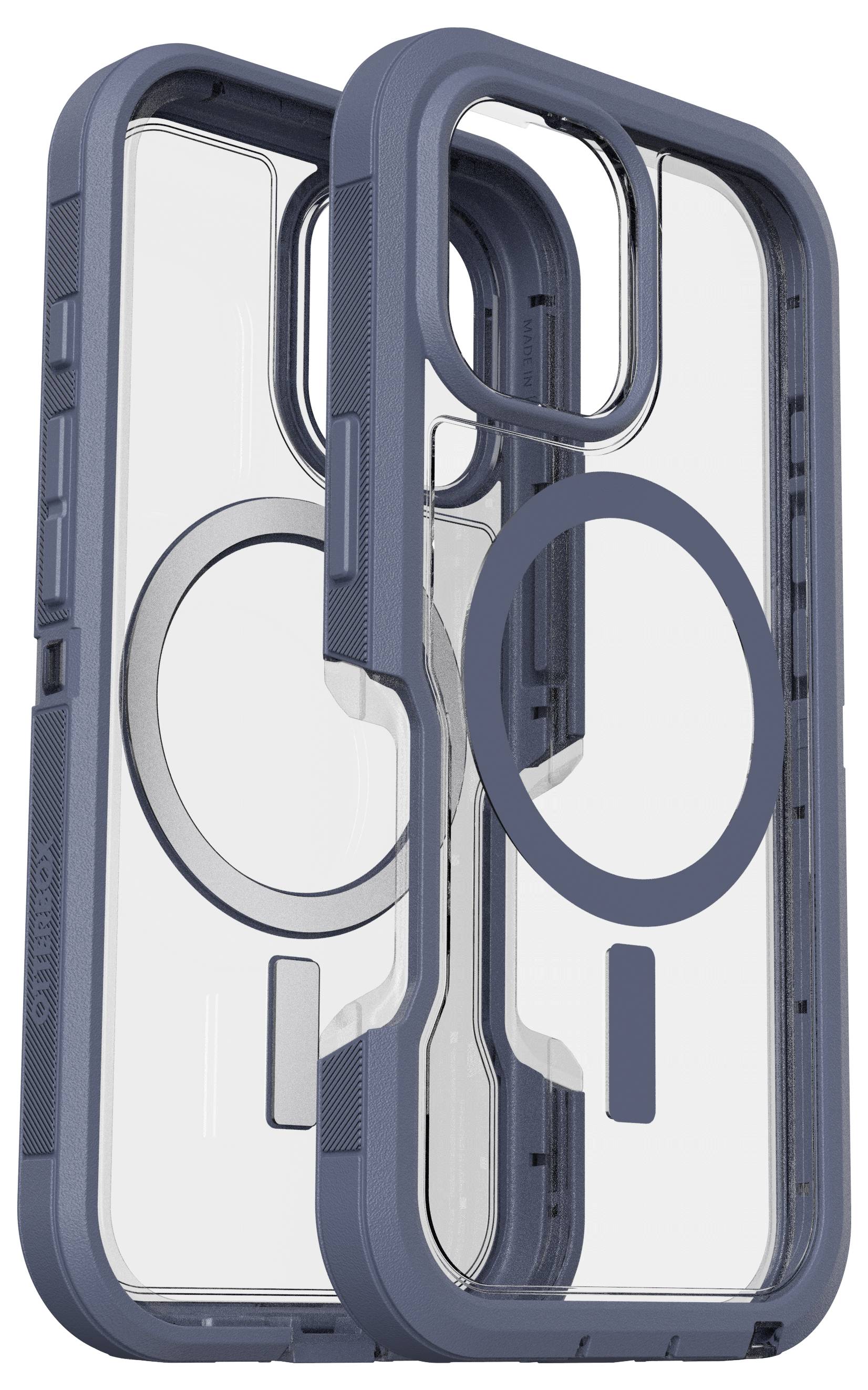 Zwei transparente Handyhüllen mit blauen Rändern, robust gestaltet, zeigen Magnetringe für kabelloses Laden.