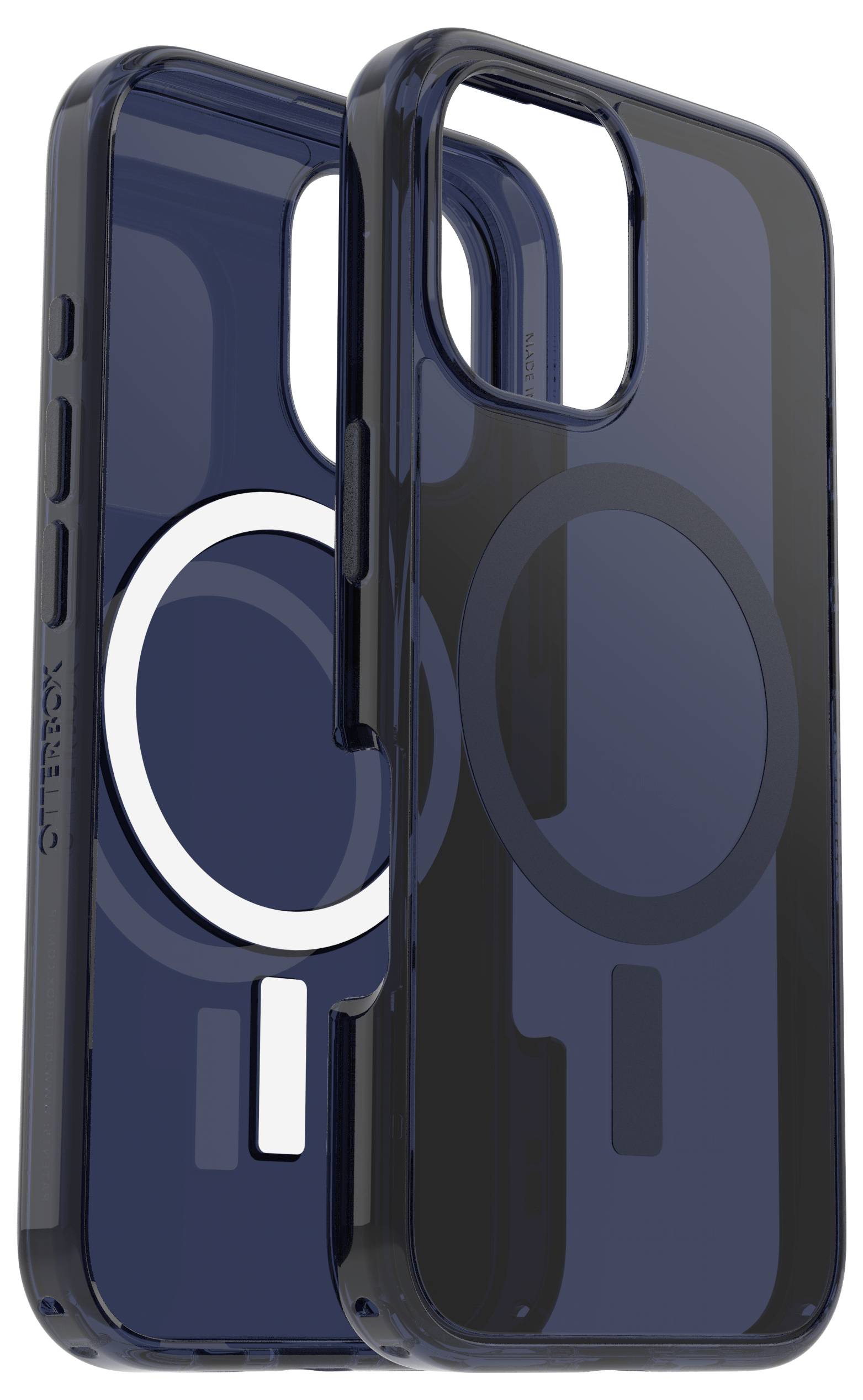 Zwei transparente, dunkelblaue Smartphone-Hüllen mit kreisförmigen Mustern auf der Rückseite, übereinander positioniert.