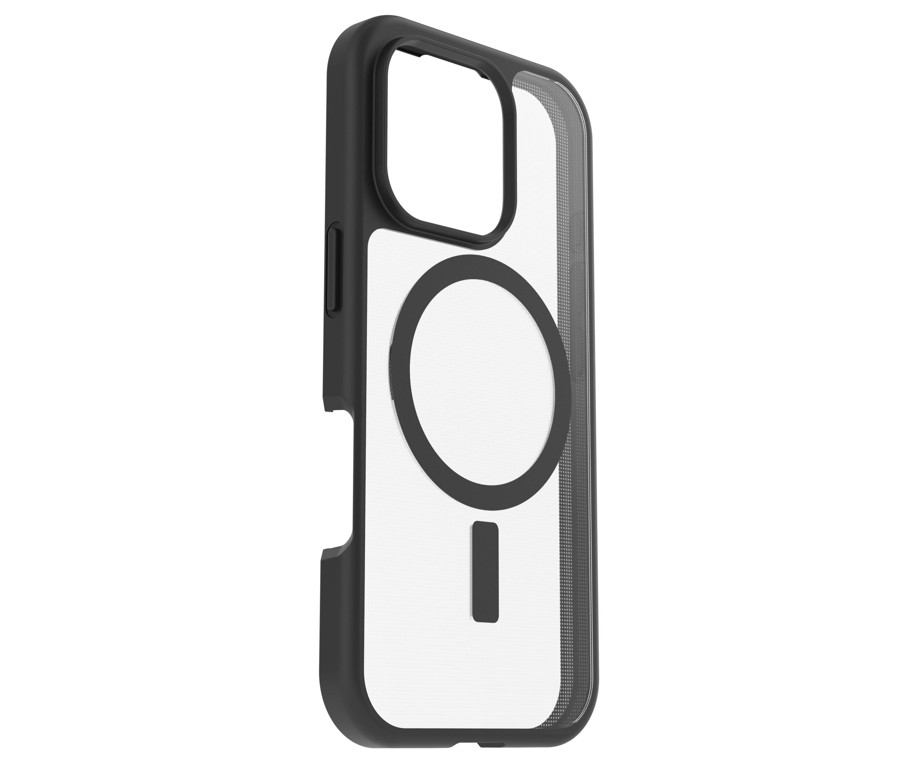 Eine schwarze Smartphone-Schutzhülle mit kreisförmigem MagSafe-Symbol, kompatibel mit kabellosem Laden.