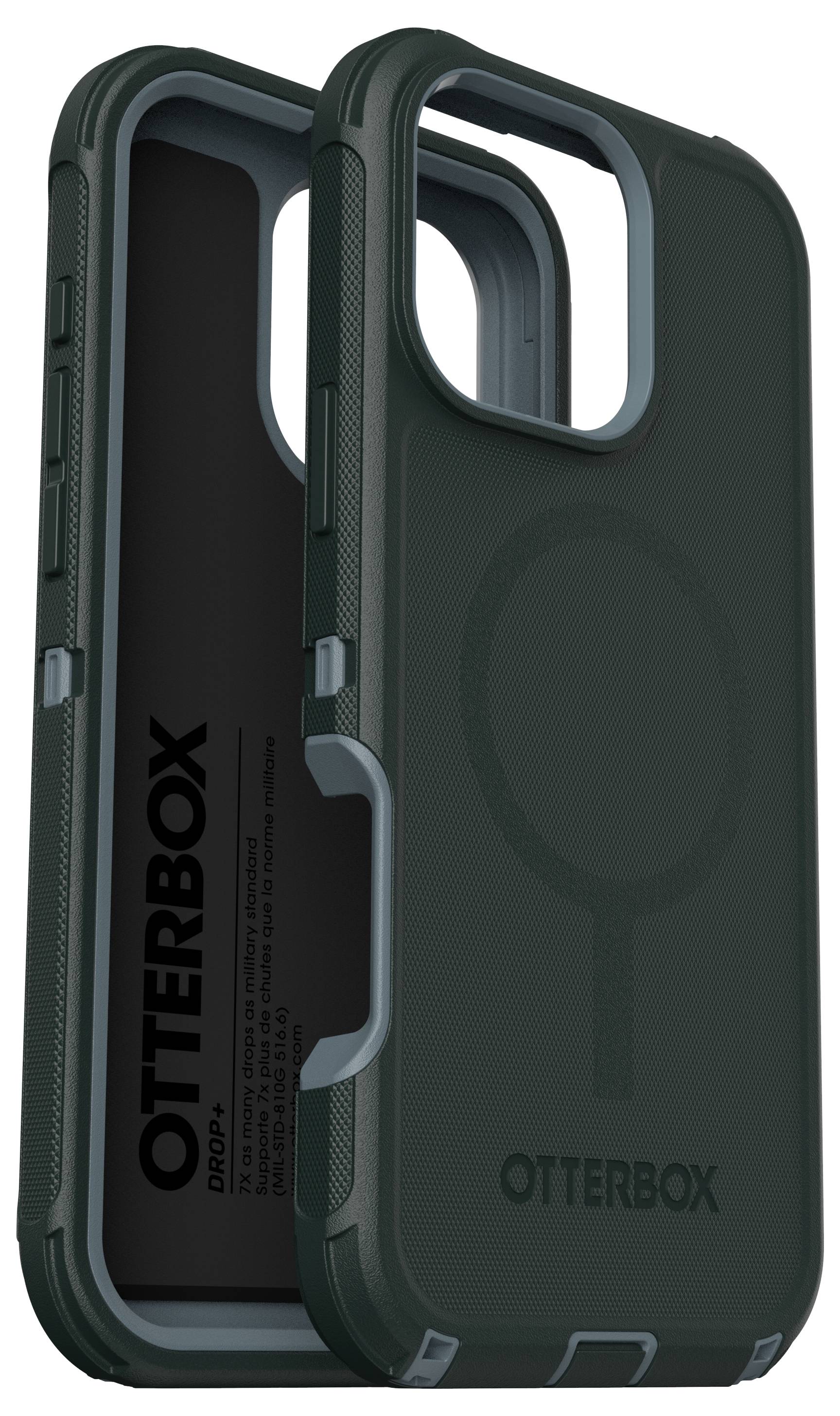 OtterBox Handyhülle in Dunkelgrün, robustes Design, hinterer Schriftzug 'OTTERBOX', passend für ein modernes Smartphone-Modell.