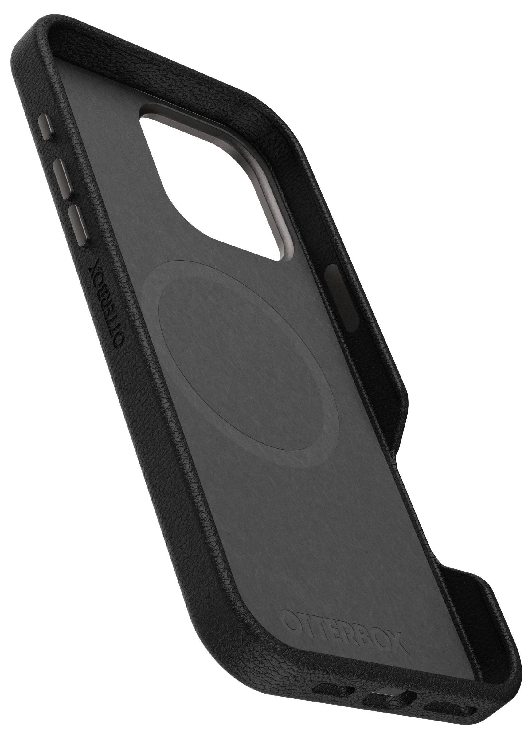 Eine schwarze Handyhülle mit Öffnungen für die Kamera und Tasten. Geeignet für MagSafe, robuste Bauweise.