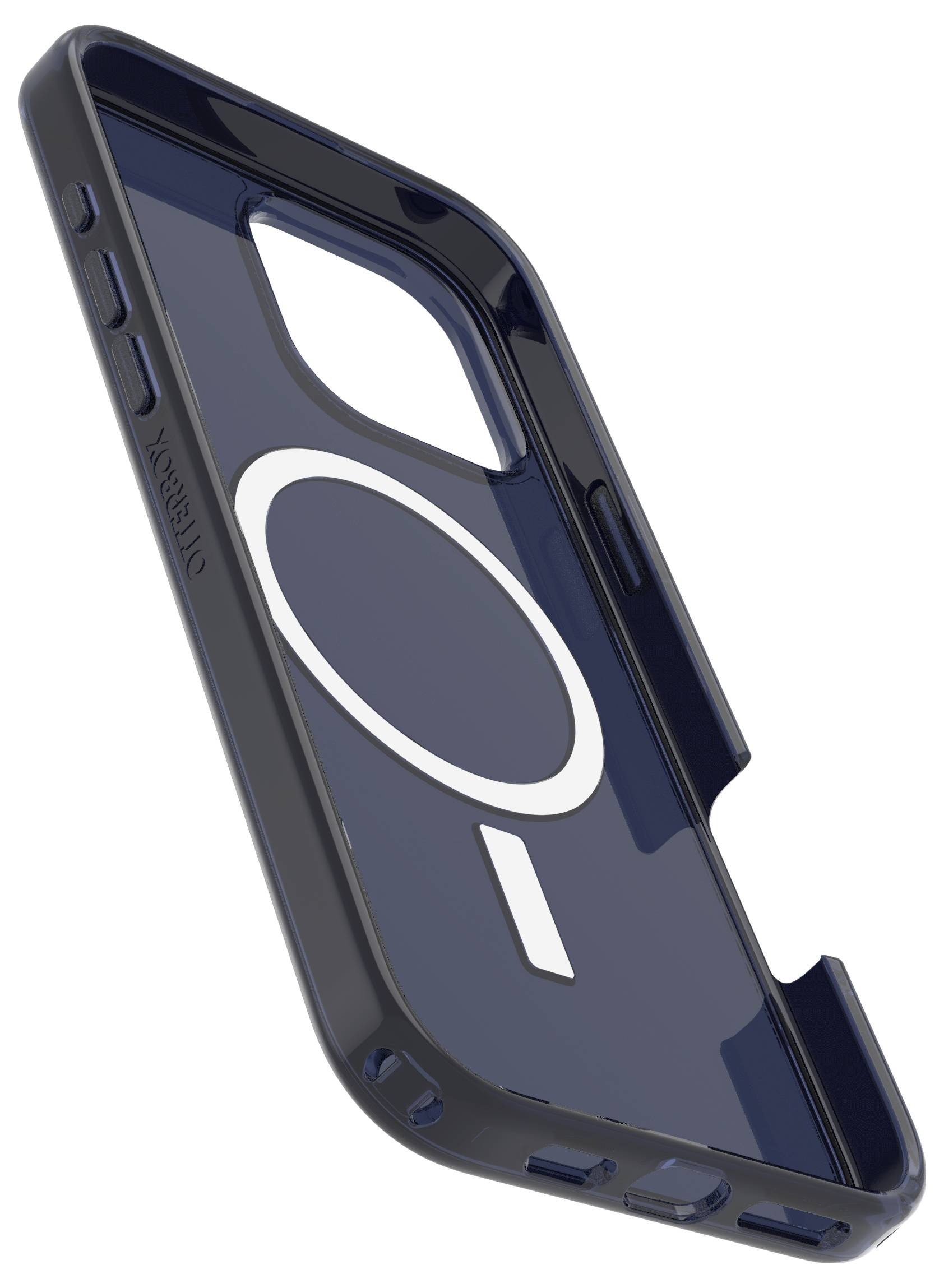 Eine dunkelblaue Smartphone-Schutzhülle mit großem Kameraausschnitt und schlichtem Design liegt schräg im Bild.