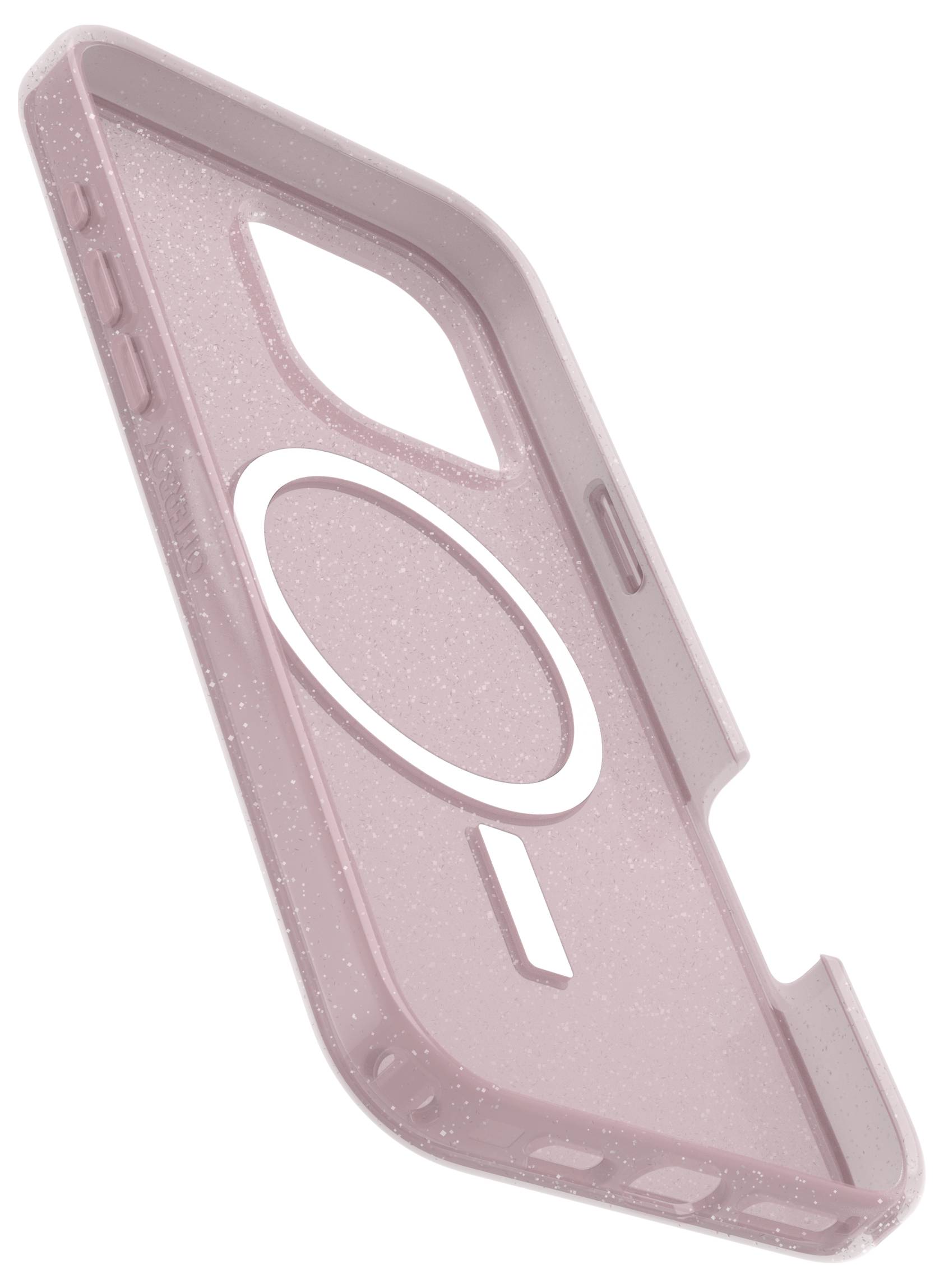 Rosa glitzernde Handyhülle mit Kameraschutzausschnitt und kreisförmigem Design im Inneren.