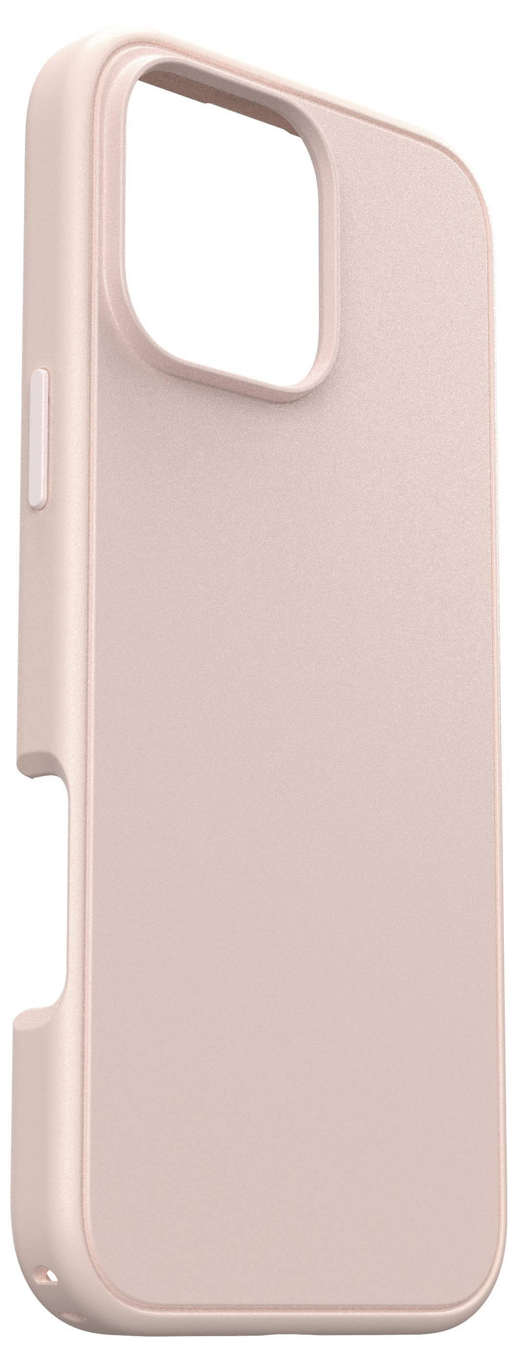 Ein rosa Smartphone-Case mit Kameraausschnitt und seitlichem Knopf liegt vor einem neutralen Hintergrund.