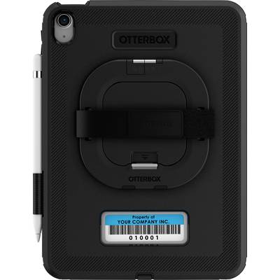 Ein Tablet in einer robusten OtterBox-Hülle mit integriertem Ständer und Stifthalter. Unten ein Etikett: 'Eigentum von IHREM UNTERNEHMEN INC.'.