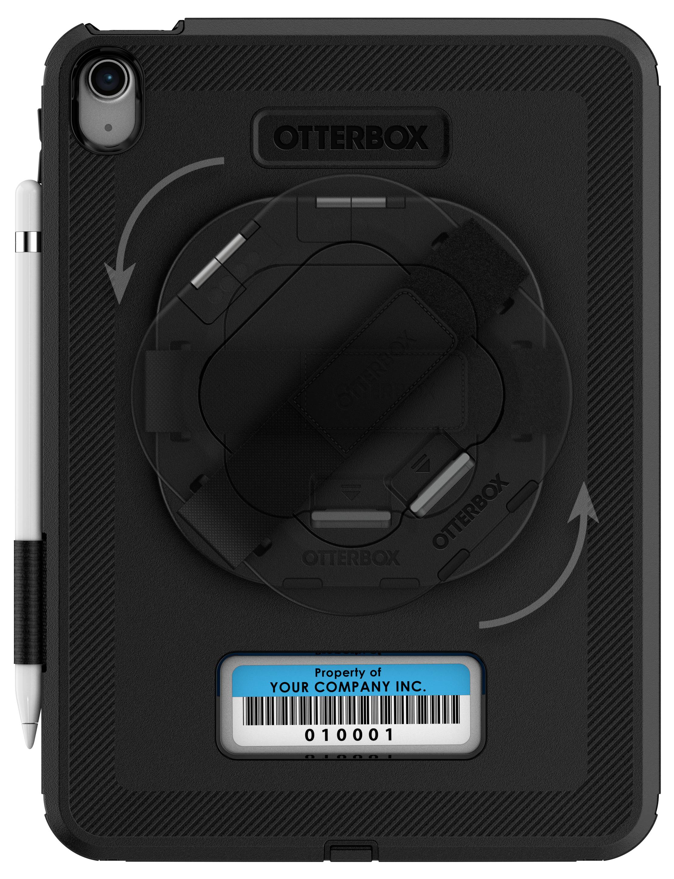 Schwarze OtterBox-Hülle für ein Tablet mit abnehmbarem Ständer und rotierbarem Haltegriff. Enthält eine Stifthalterung und einen Barcode.